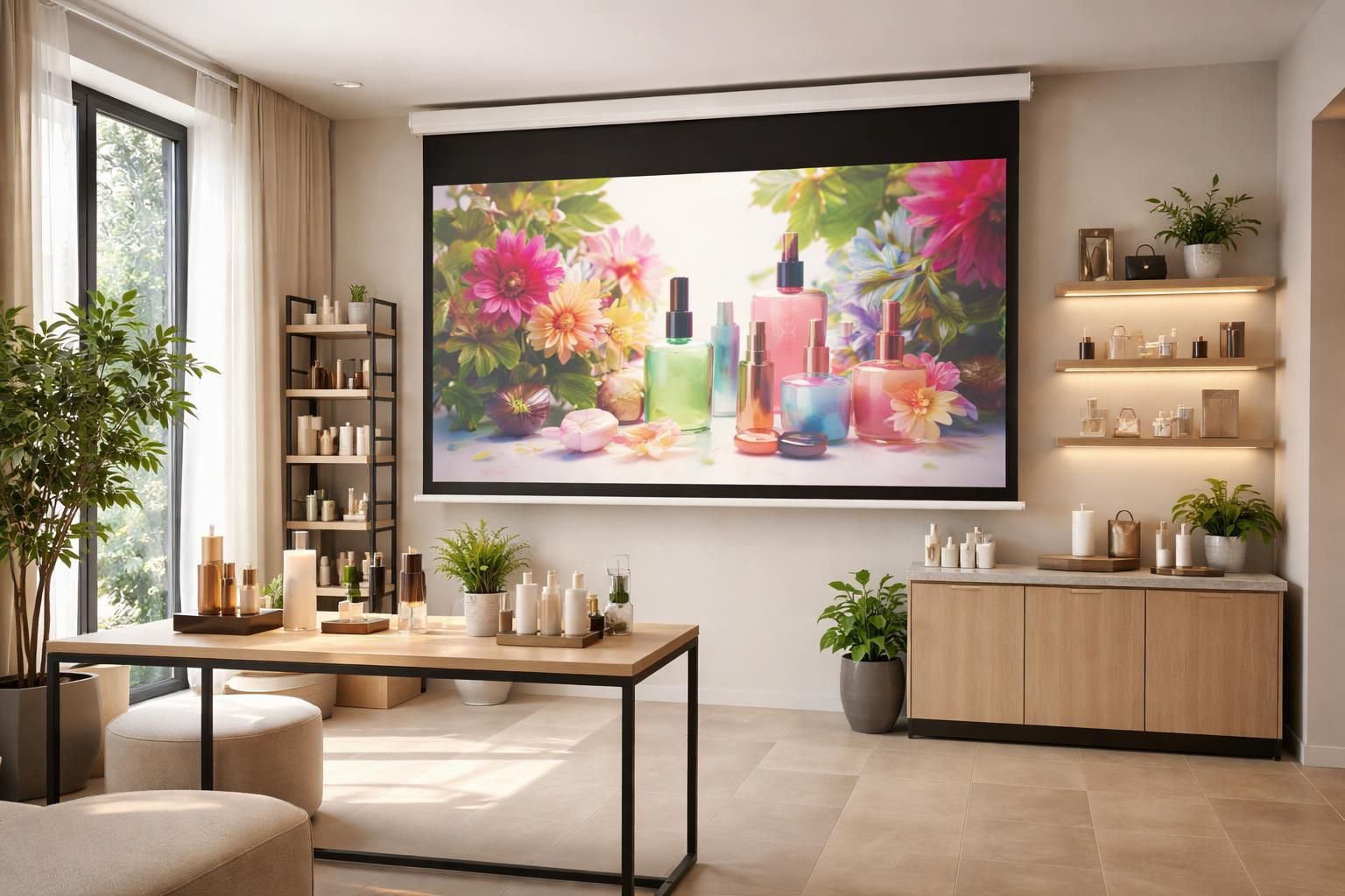 Corner boutique : Écran de projection pour promos dynamiques, setup discret