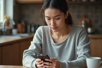 Femme configurant la messagerie Orange sur un smartphone Android à la cuisine