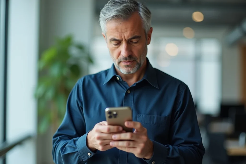 Homme configurant l'application mail Orange sur iPhone dans un bureau moderne