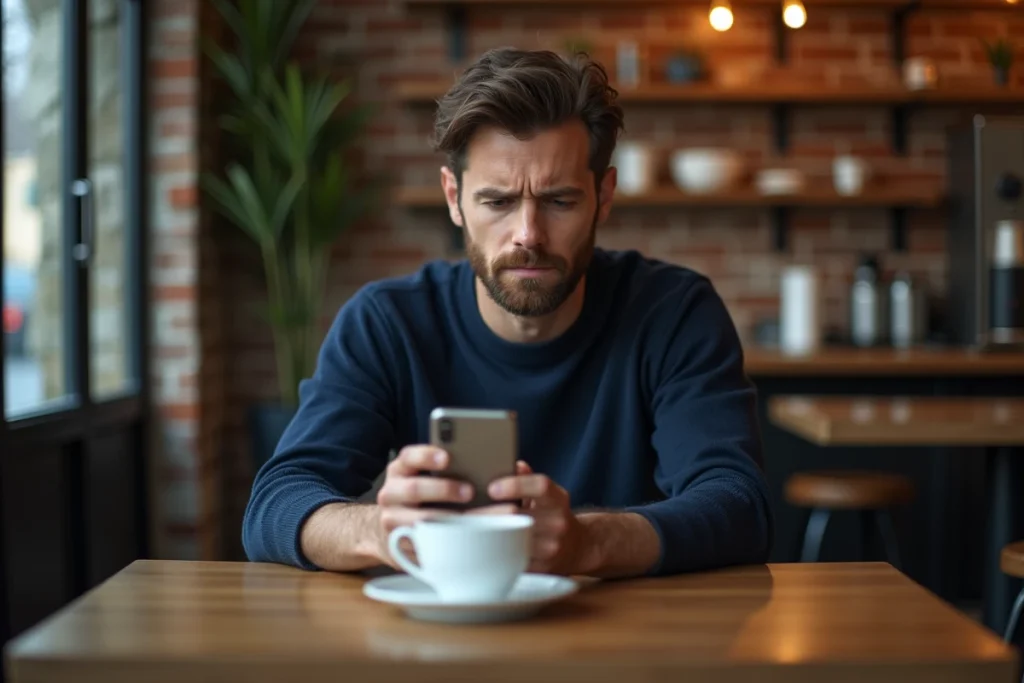 Homme consultant discrètement Instagram sur son téléphone dans un café urbain