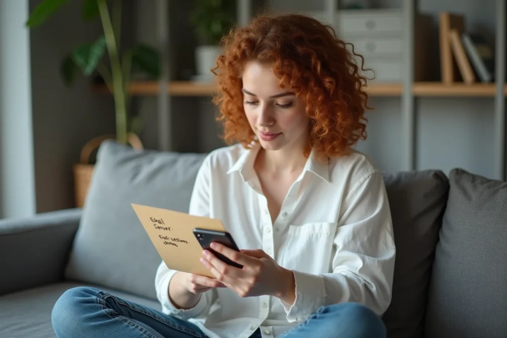 Jeune femme paramétrant la boîte mail Espace Orange sur mobile Android avec ses notes