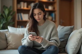Jeune femme regardant discrètement des stories Instagram sur son smartphone dans un salon moderne
