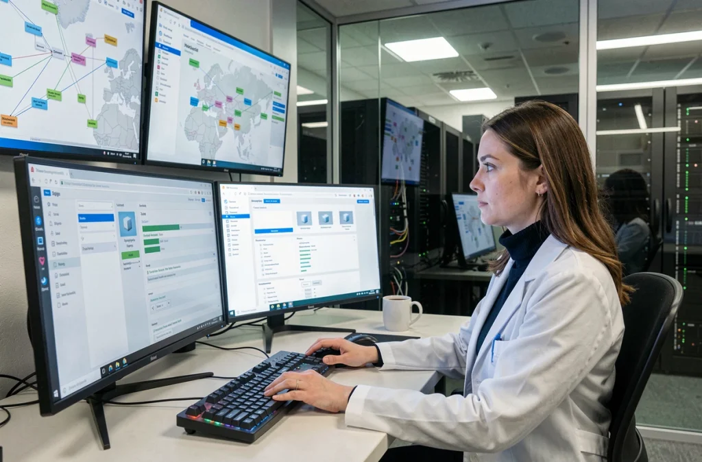 Administratrice systèmes gérant des machines virtuelles sur des écrans de supervision en salle informatique