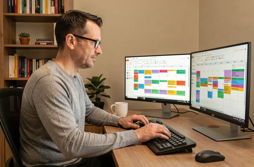 Homme avec lunettes travaillant sur des agendas d'équipe partagés depuis son bureau à domicile avec deux écrans