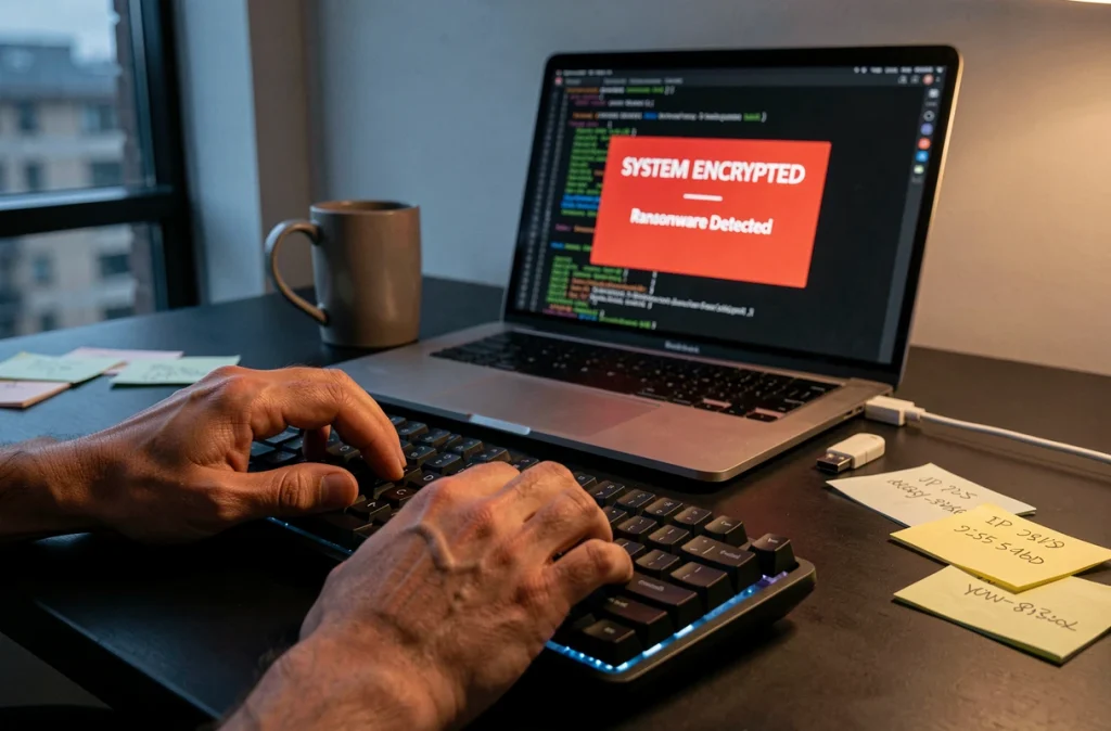 Mains tapant sur un clavier face à une alerte de ransomware sur écran d'ordinateur dans un bureau à domicile