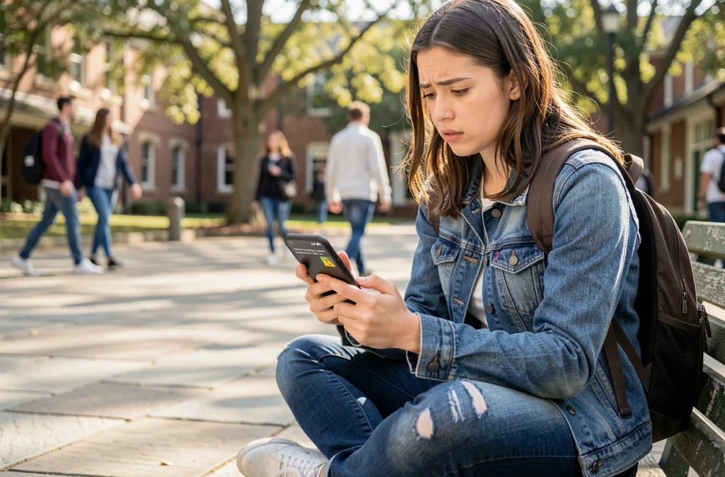 Étudiante recevant une alerte de sécurité sur son smartphone connecté à un réseau wifi public en campus