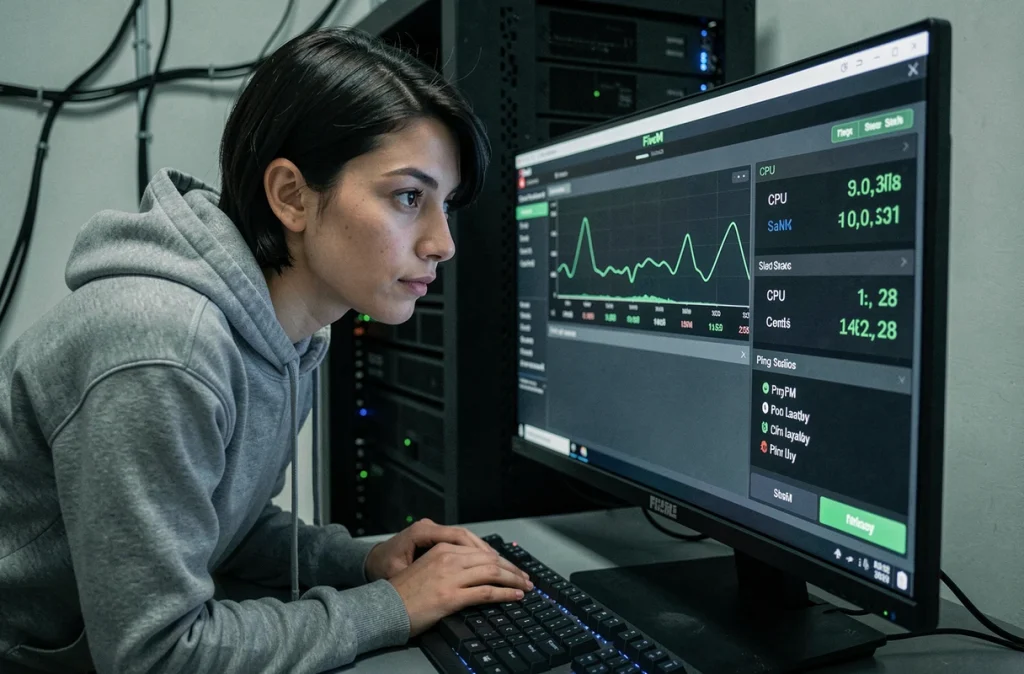 Administratrice de serveur FiveM analysant les métriques CPU et latence sur un écran ultrawide dans une salle serveur
