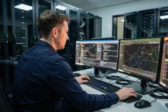 Analyste en cybersécurité surveillant des tableaux de bord de menaces réseau dans une salle de serveurs d'entreprise