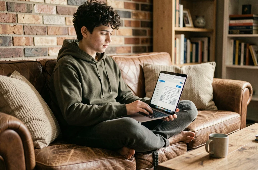 Jeune personne apprenant les raccourcis clavier sur un ordinateur portable depuis son canapé à la maison