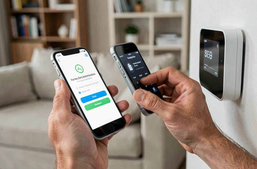 Mains utilisant une authentification à deux facteurs pour sécuriser un thermostat connecté et un smartphone