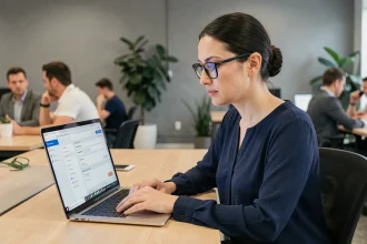 Femme en entreprise consultant un gestionnaire de mots de passe pour protéger ses données contre les ransomwares