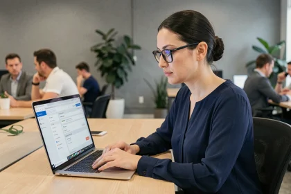 Femme en entreprise consultant un gestionnaire de mots de passe pour protéger ses données contre les ransomwares