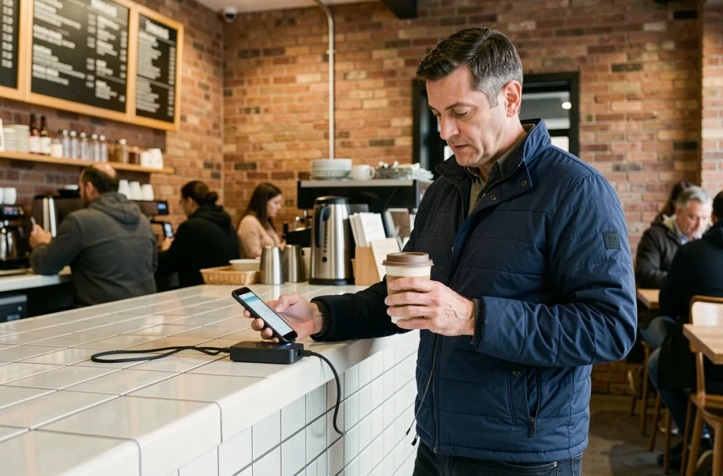 Homme utilisant une batterie externe à charge rapide connectée à son smartphone dans un café urbain