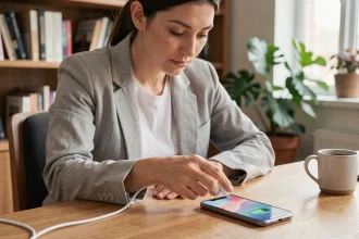 Femme branchant un câble de charge rapide USB-C sur un smartphone moderne dans un bureau à domicile contemporain