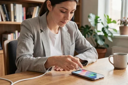 Femme branchant un câble de charge rapide USB-C sur un smartphone moderne dans un bureau à domicile contemporain