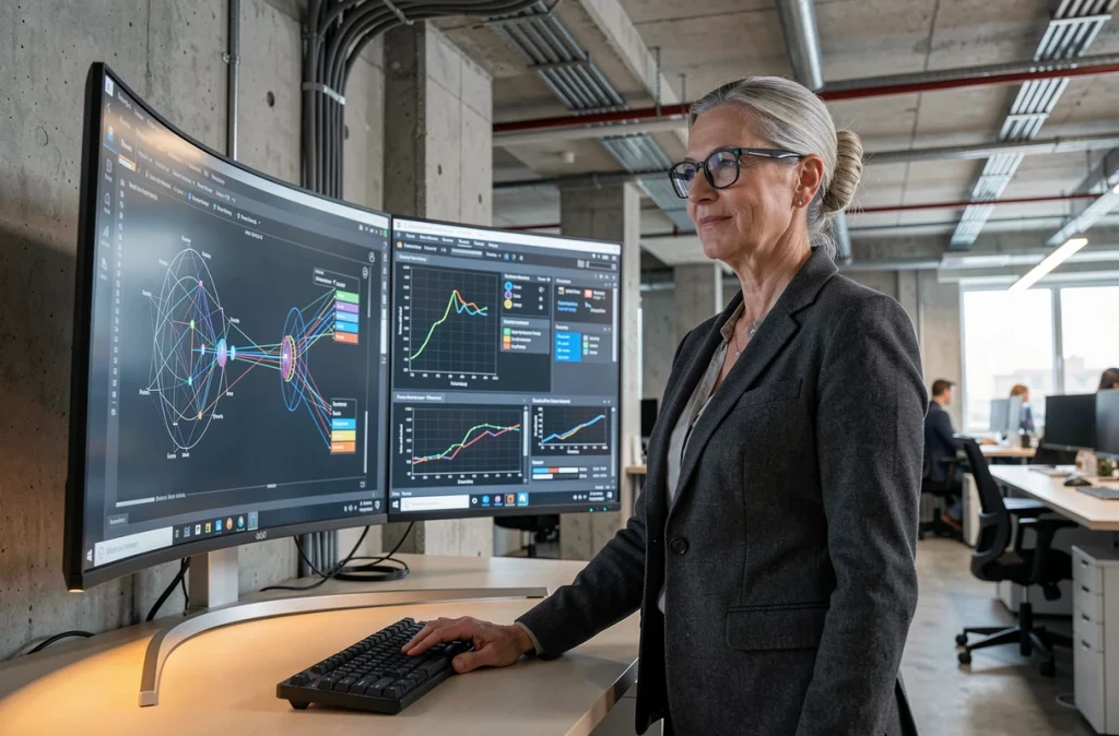 Chercheuse en informatique quantique analysant des diagrammes de circuits quantiques sur un grand écran incurvé