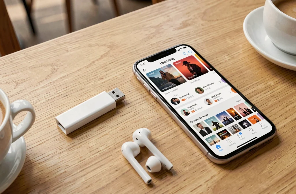 Clé USB et smartphone avec application musicale posés sur une table en bois dans un café pour illustrer le téléchargement légal de musique