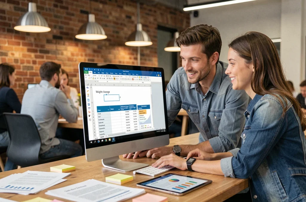 Deux collègues analysant ensemble un modèle Excel de moyenne pondérée réutilisable dans un espace de coworking