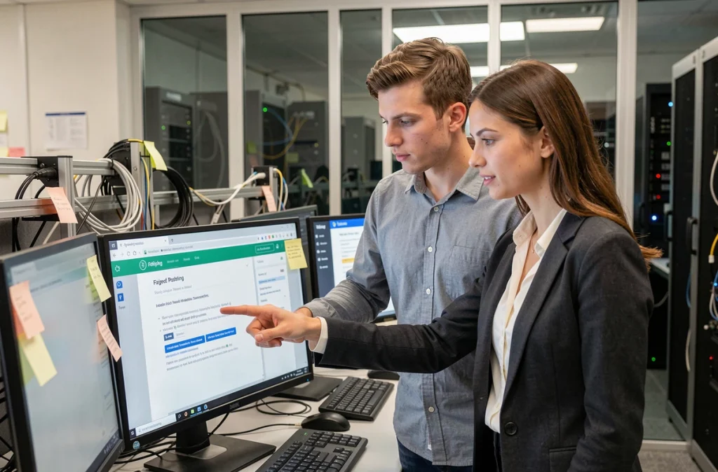 Deux collègues du service informatique analysant ensemble une alerte de tentative de phishing sur un écran d'ordinateur