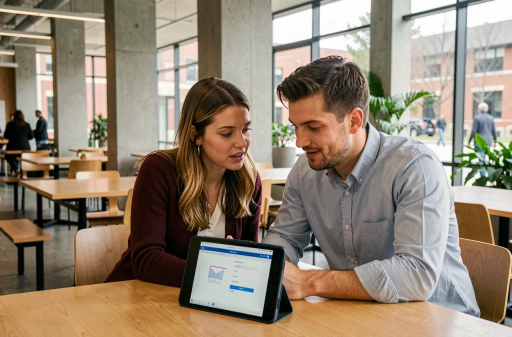 Deux collègues universitaires discutant des fonctionnalités de partage de la messagerie académique sur une tablette dans une cafétéria de campus