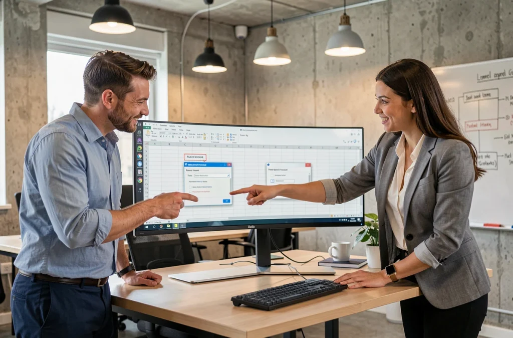 Deux collègues résolvant ensemble une erreur d'inversion de colonnes et lignes dans un tableau Excel en open space