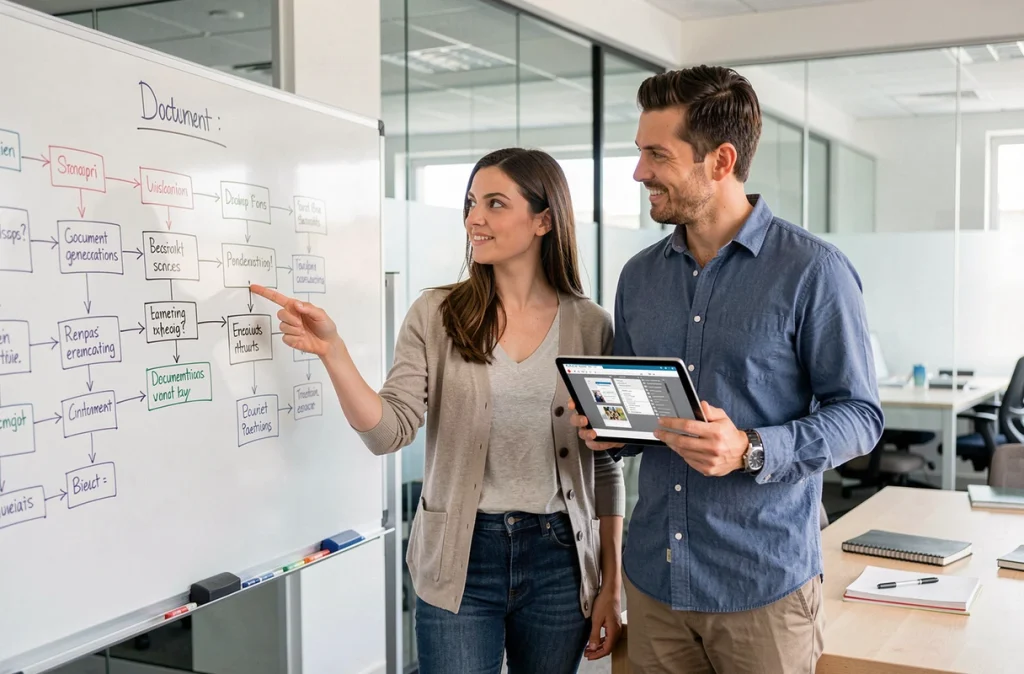 Deux collègues discutant d'un workflow d'automatisation de documents devant un tableau blanc en salle de réunion