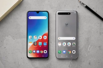 Comparaison entre le Google Pixel 6 et le Pixel 7 posés côte à côte sur une surface en béton, vue de dessus