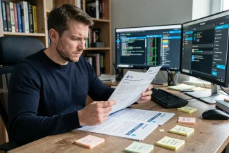 Professionnel IT comparant des offres d'hébergement FiveM avec des fiches techniques annotées sur un bureau moderne