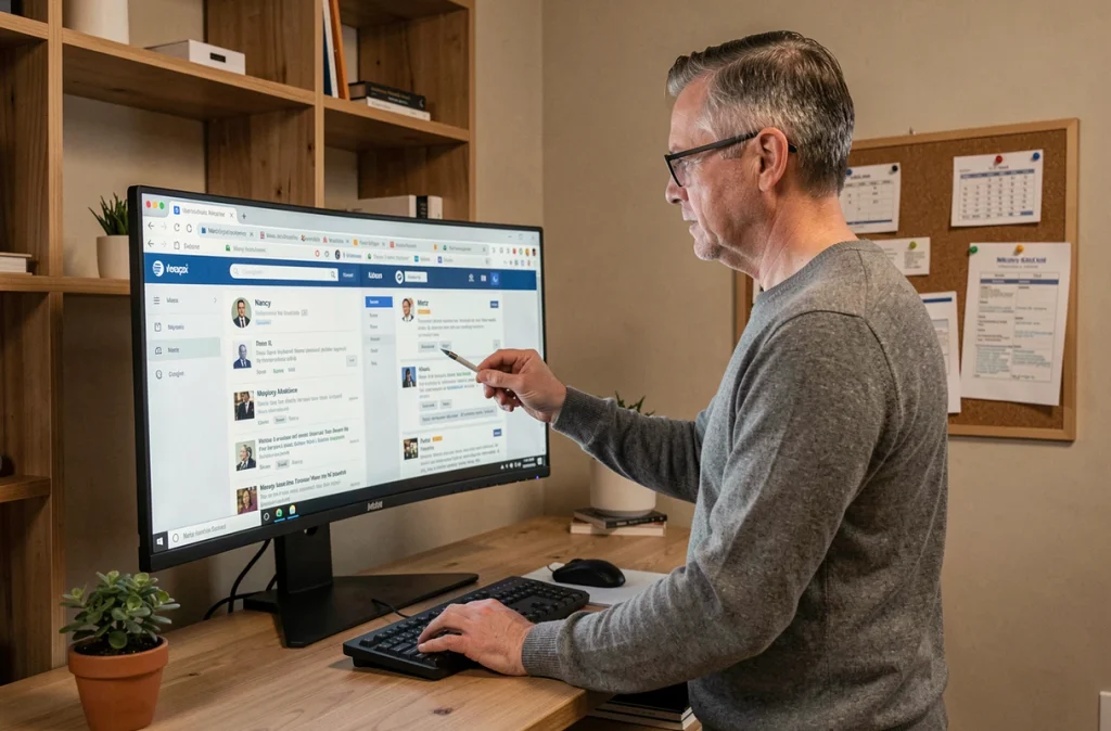 Homme comparant deux interfaces de messagerie académique Nancy et Metz sur un grand écran dans un bureau à domicile