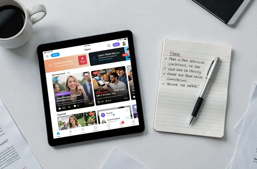 Vue aérienne d'une tablette affichant des avertissements de confidentialité sur un service de streaming vidéo gratuit avec notes manuscrites