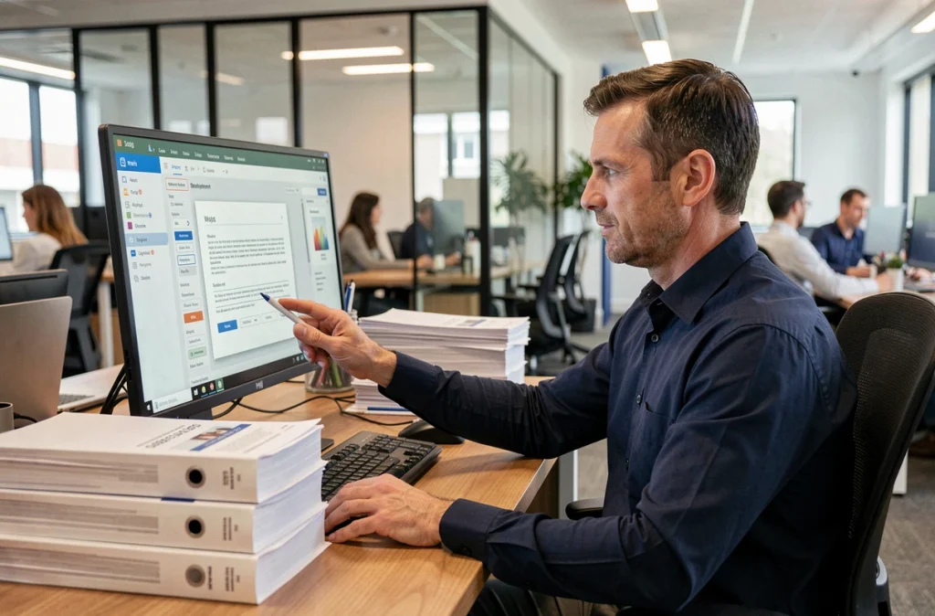 Employé configurant les paramètres d'impression de documents volumineux sur un logiciel de gestion documentaire en open space