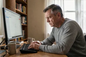 Homme frustré devant un ordinateur de bureau avec connexion internet lente, bureau à domicile