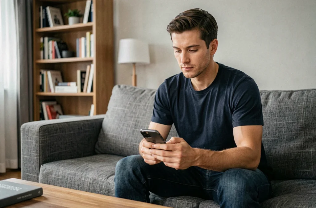 Homme parcourant des stories Snapchat de manière anonyme sur son téléphone dans un salon moderne