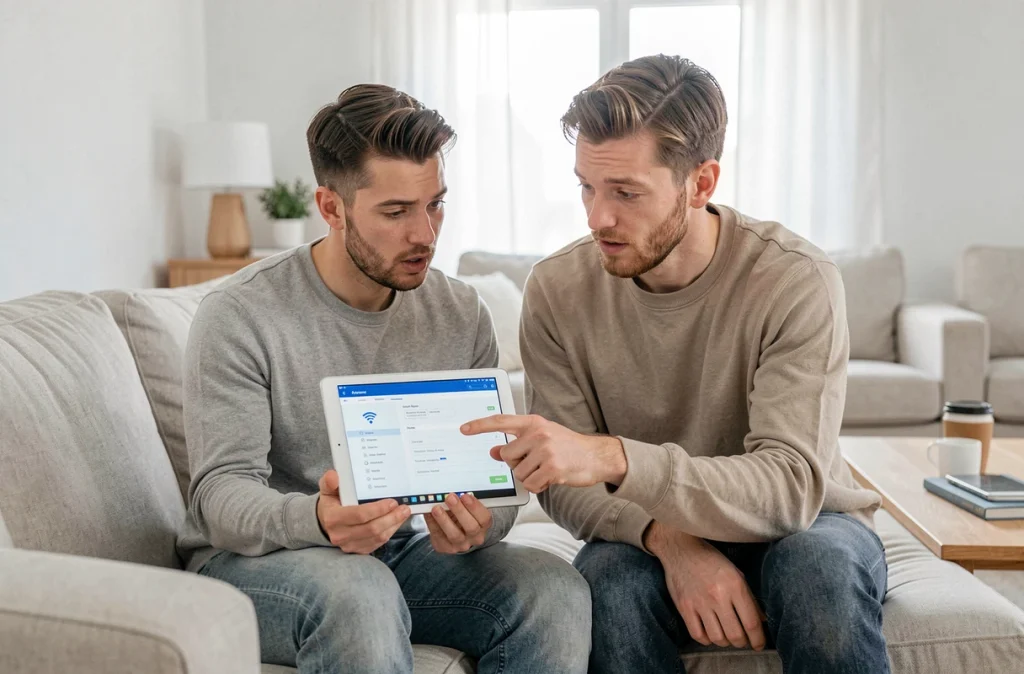 Couple consultant les paramètres de sécurité wifi sur une tablette dans leur appartement