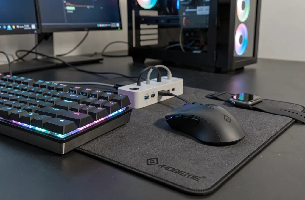 Gros plan sur des accessoires gaming connectés : clavier mécanique RGB, souris de précision, hub USB et montre connectée sur un bureau gaming sombre