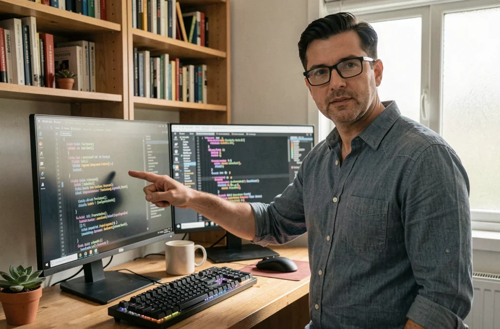 Développeur informaticien travaillant sur des scripts de déploiement cloud depuis son bureau à domicile