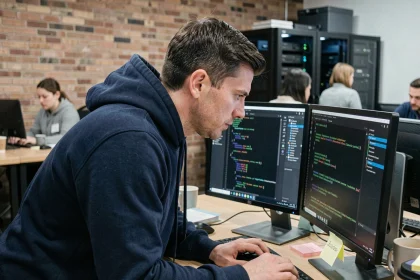 Développeur informatique travaillant sur du code open source dans un bureau moderne avec double écran