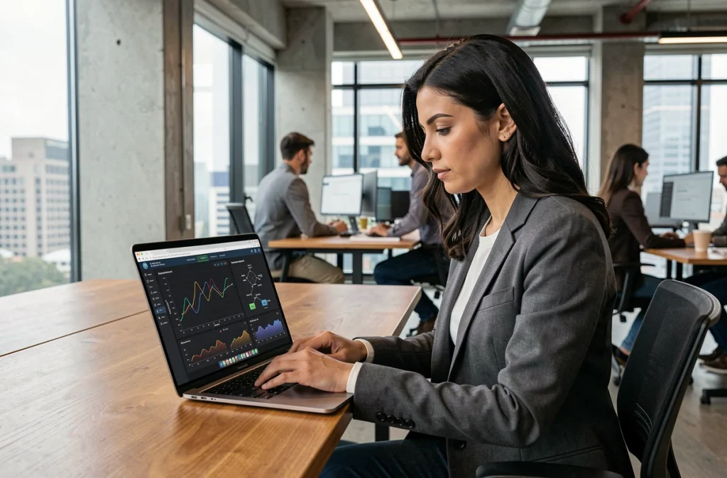 Développeuse analysant les performances d'une puce ARM sur son ordinateur portable dans un bureau moderne
