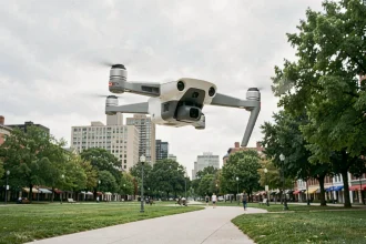Drone grand public autonome en vol au-dessus d'un parc urbain avec capteurs de navigation visibles