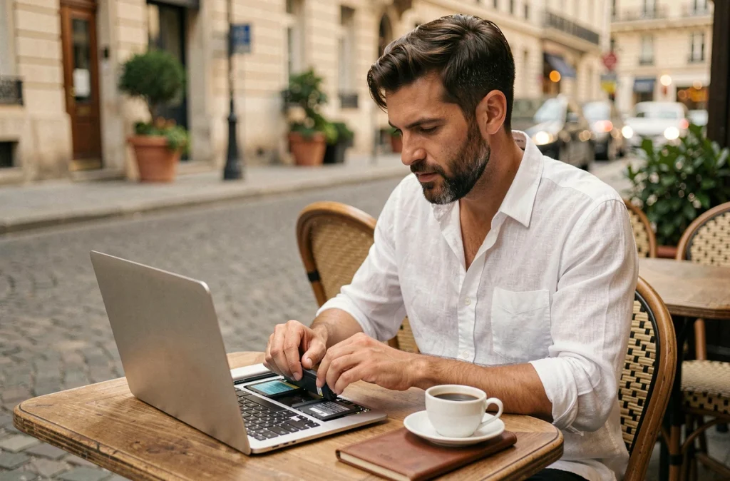 Entrepreneur en terrasse parisienne changeant le module batterie de son ordinateur portable modulaire sur une table en bois