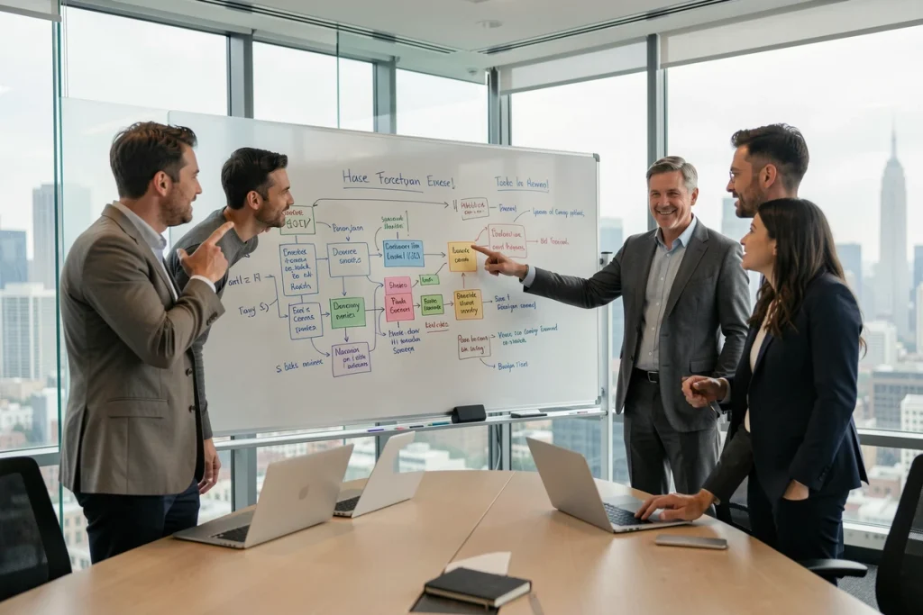 Équipe de professionnels collaborant autour d'un tableau blanc avec des diagrammes de workflow dans une salle de réunion vitrée