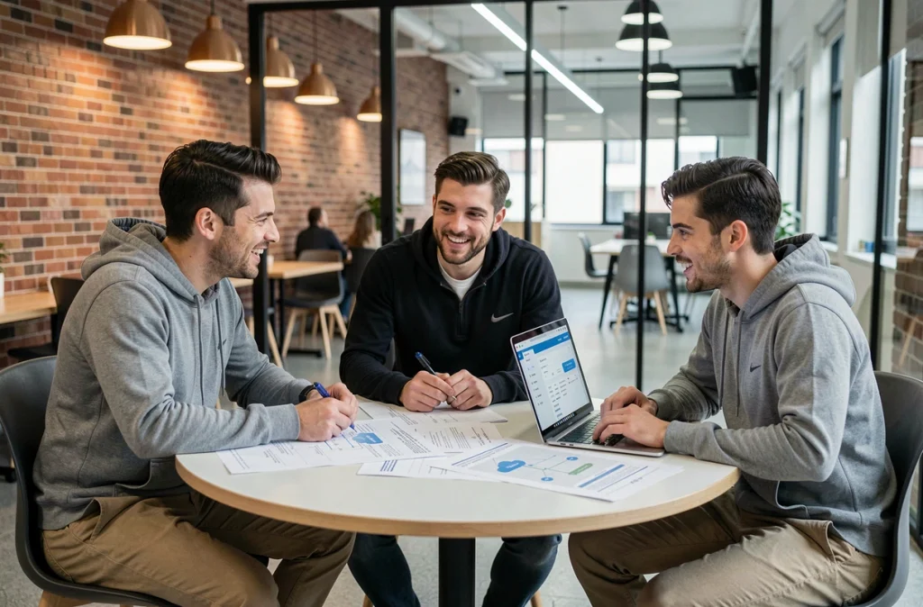 Équipe informatique discutant d'une stratégie de migration vers le cloud autour d'une table dans un espace de coworking