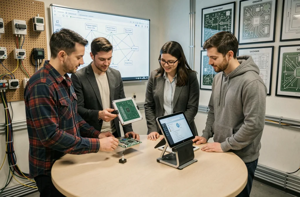 Équipe de professionnels examinant des capteurs IoT et une tablette connectée dans une salle de démonstration technologique d'entreprise