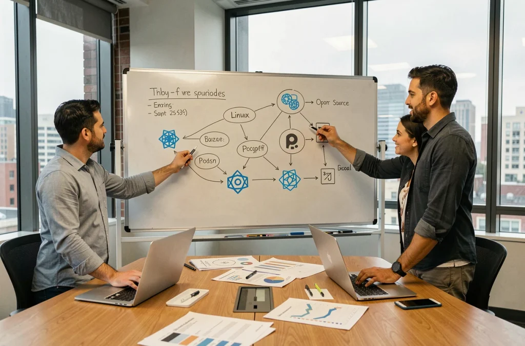 Équipe informatique collaborant autour d'un tableau blanc pour planifier une infrastructure open source