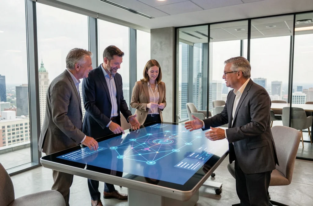 Équipe professionnelle en réunion autour d'une table interactive affichant des flux de données IA dans une salle de conférence en entreprise