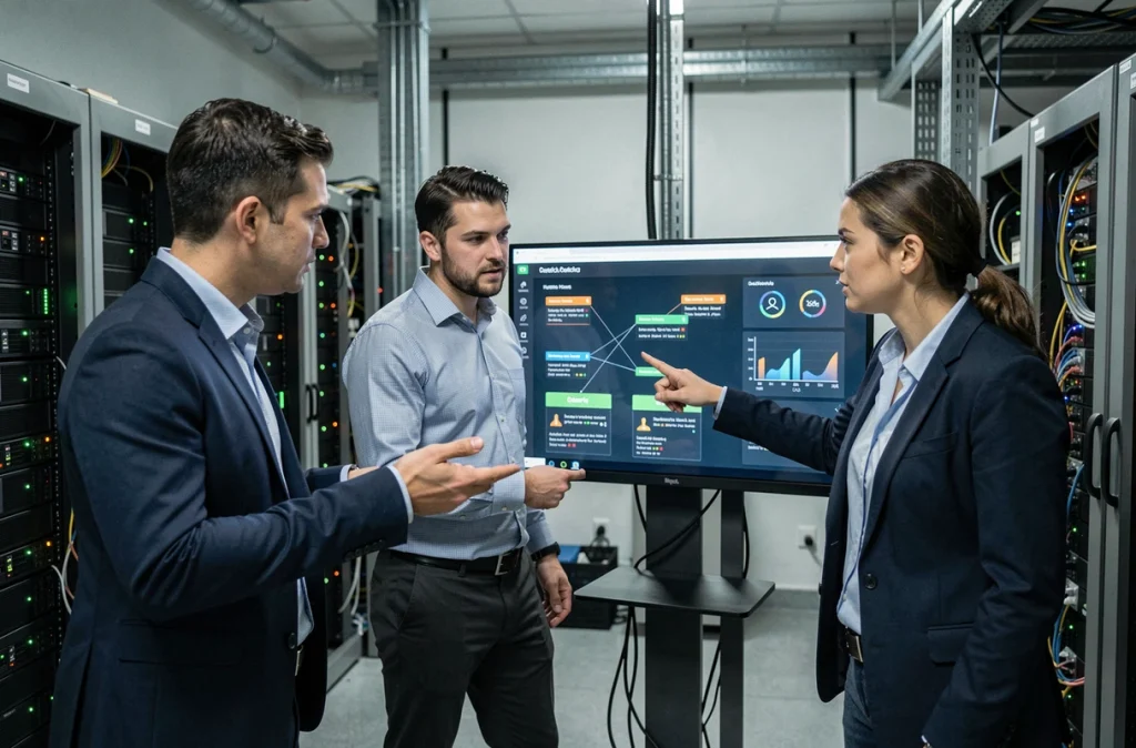 Équipe informatique analysant un tableau de bord de sécurité réseau pour prévenir les ransomwares en entreprise