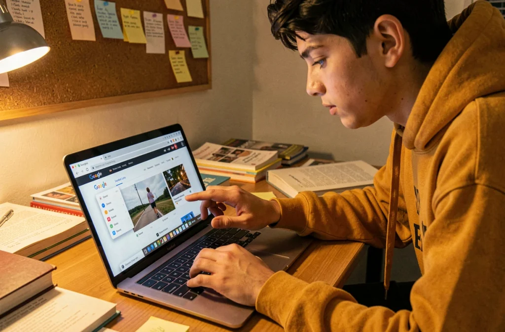 Étudiant utilisant Google Lens via le menu contextuel de Chrome sur un ordinateur portable dans une chambre universitaire