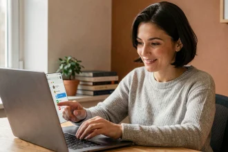 Femme ajoutant une page web en favori sur son ordinateur portable dans un bureau à domicile chaleureux