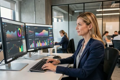 Professionnelle analysant des tableaux de bord IA sur deux écrans dans un bureau moderne, illustrant la gestion intelligente des données en entreprise