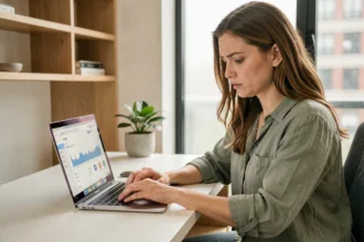 Jeune femme analysant des statistiques Instagram sur un outil comme Glamho ou Gramhir depuis son bureau à domicile
